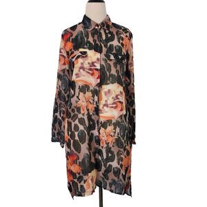 Tango Mango Tunic Dress size Small High Low Sheer Watercolor Floral Button Up